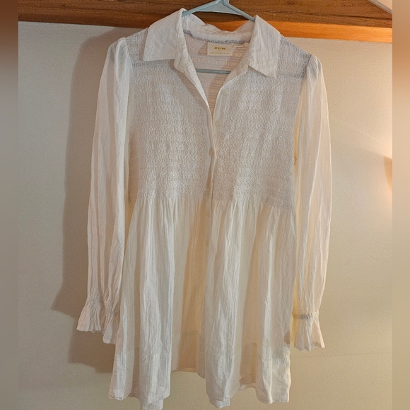 Anthropologie Tops - Maeve Anthropologie Cotton Smocked Button-up Tunic White S